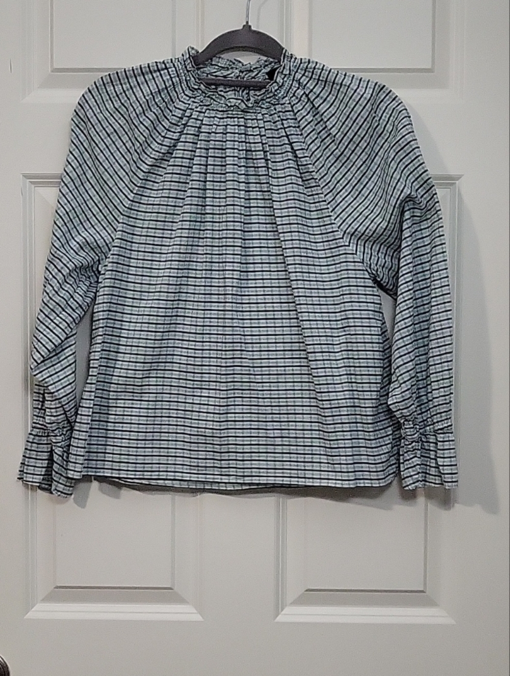 J.Crew Striped Smocked Neck Blouse Light Blue White Long Sleeve Women Size S
